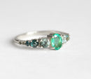 Oval Emerald Cluster Ring with White, Blue Diamonds, Sapphire and Aquamarine Stones