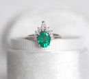 Oval Emerald Ring with Diamonds, May Birthstone, 14k Gold Halo Band.