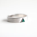 Triangle Lab Emerald Band, men's wedding ring with lab-grown emerald gemstone.