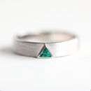 Triangle Lab Emerald Band, men's wedding band with lab-grown emerald stone in triangle shape.
