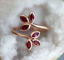 Marquise-cut red ruby open floral ring