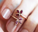 Marquise-cut red ruby open floral ring