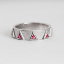 Triangle-shaped purplish red ruby half eternity ring