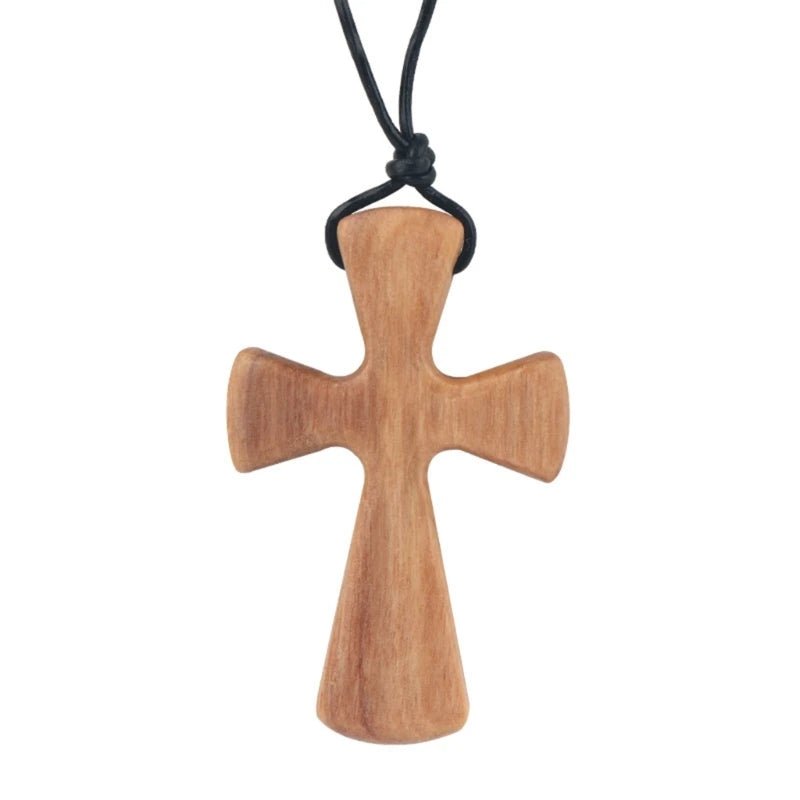 Collier Pendentif Croix En Bois – Chaîne Noir Et Beige – Neuf Sans Emballage – Style Bohème Naturel